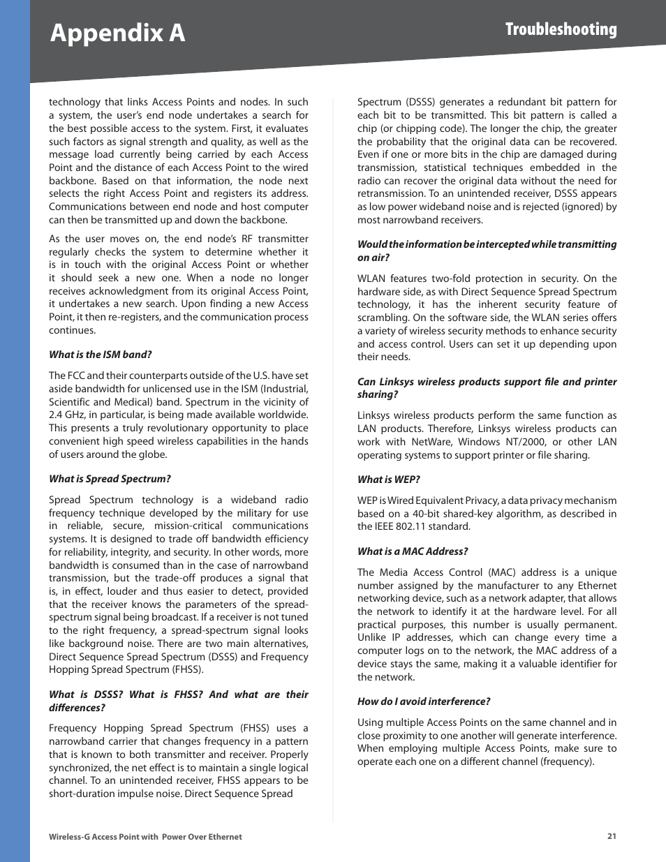 Appendix a, Troubleshooting | Linksys WAP2000 User Manual | Page 25 / 40