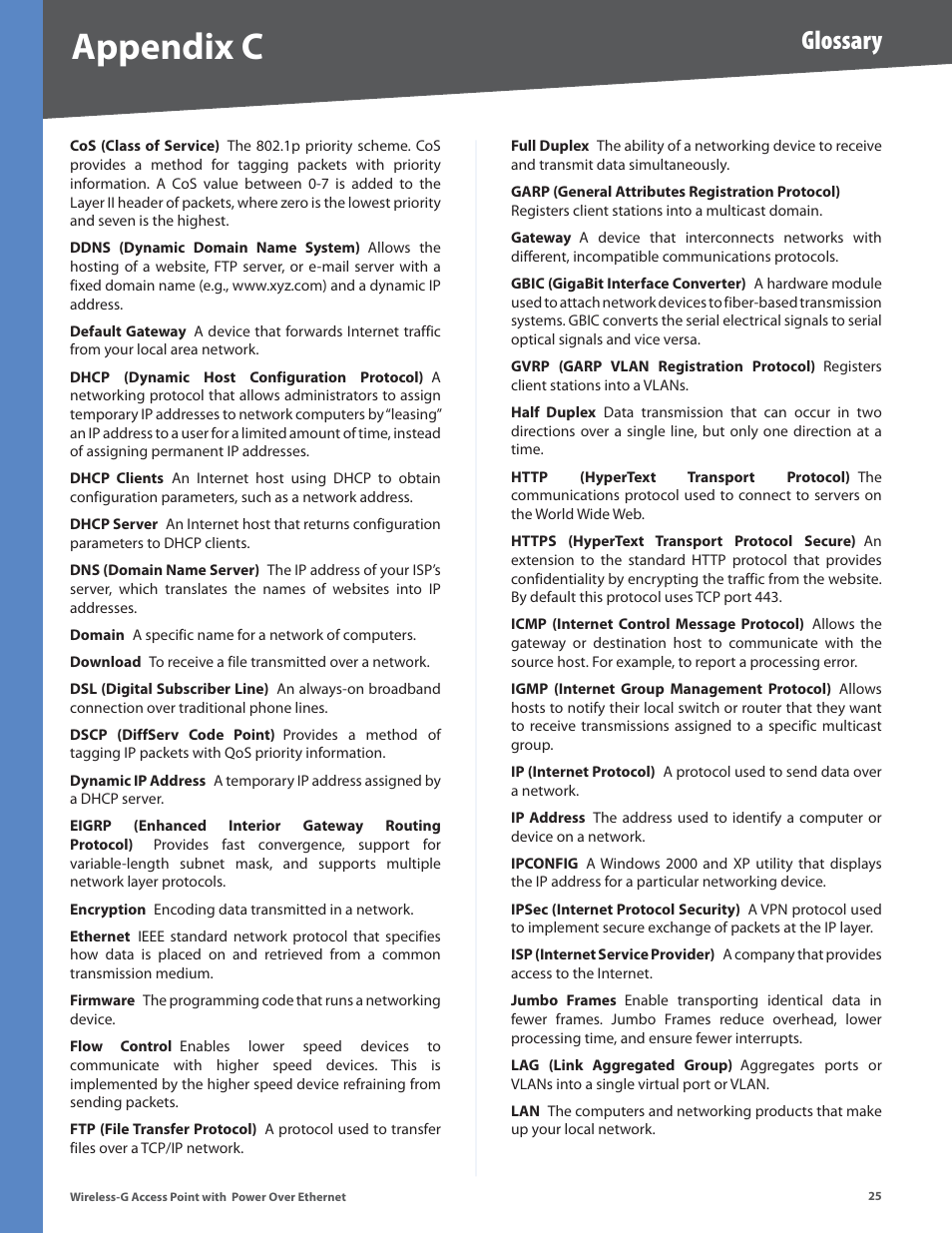 Appendix c, Glossary | Linksys WAP2000 User Manual | Page 29 / 40