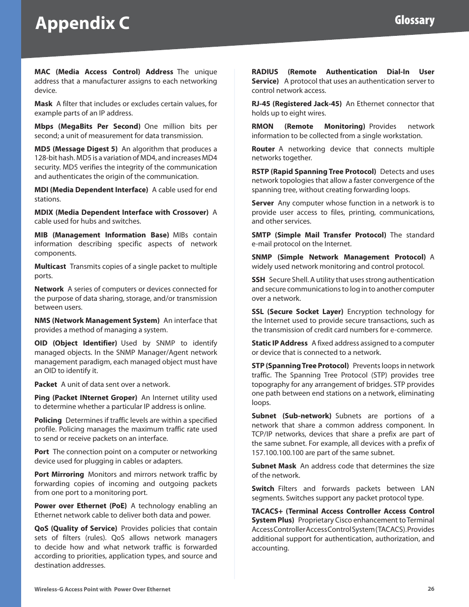 Appendix c, Glossary | Linksys WAP2000 User Manual | Page 30 / 40