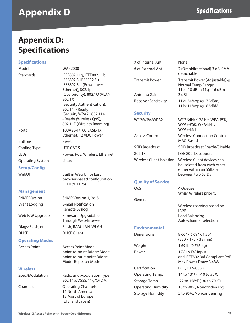 Appendix d: specifications, Appendix d, Specifications | Linksys WAP2000 User Manual | Page 32 / 40