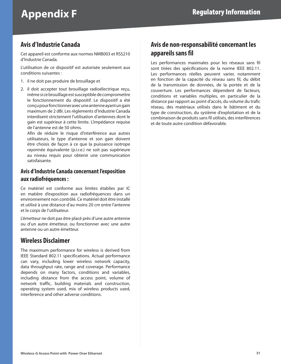 Avis d’industrie canada, Wireless disclaimer, Appendix f | Regulatory information | Linksys WAP2000 User Manual | Page 35 / 40