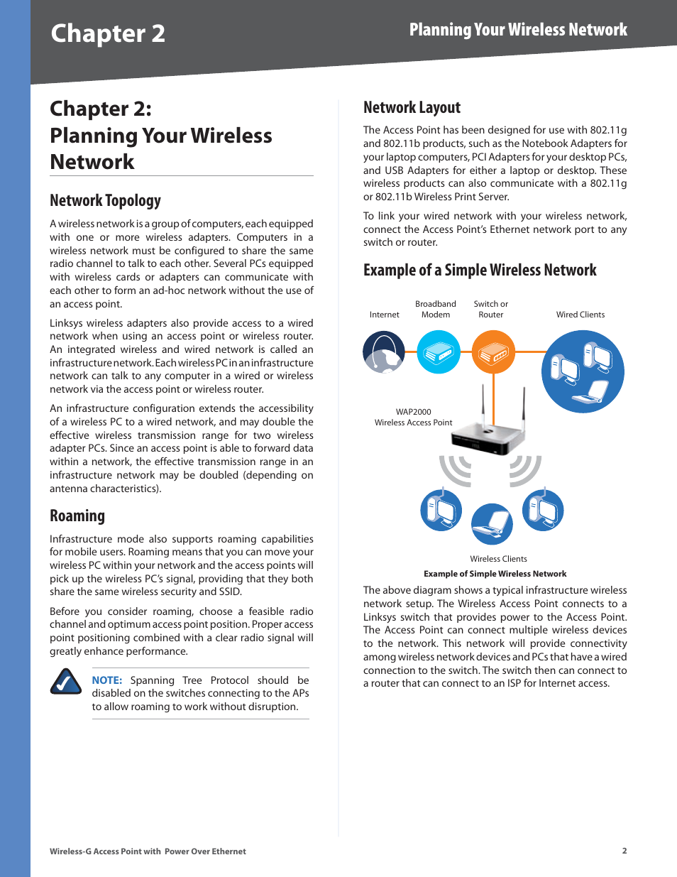 Chapter 2: planning your wireless network, Network topology, Roaming | Network layout, Example of a simple wireless network, Chapter, Chapter : planning your wireless network, Planning your wireless network | Linksys WAP2000 User Manual | Page 6 / 40