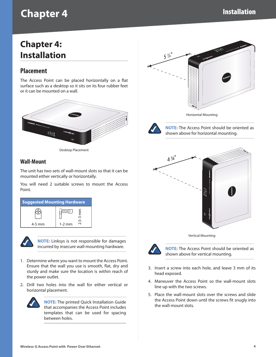 Chapter 4: installation, Placement, Wall-mount | Chapter 4, Installation | Linksys WAP2000 User Manual | Page 8 / 40