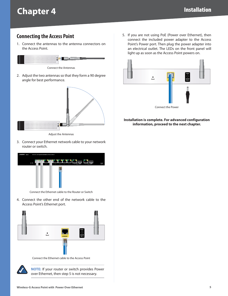 Connecting the access point, Chapter 4, Installation | Linksys WAP2000 User Manual | Page 9 / 40