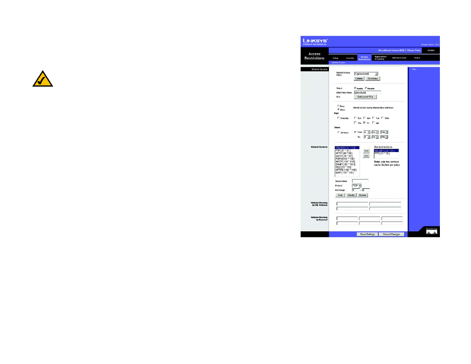 The access restrictions tab - internet access | Linksys RT41P2-AT User Manual | Page 28 / 71