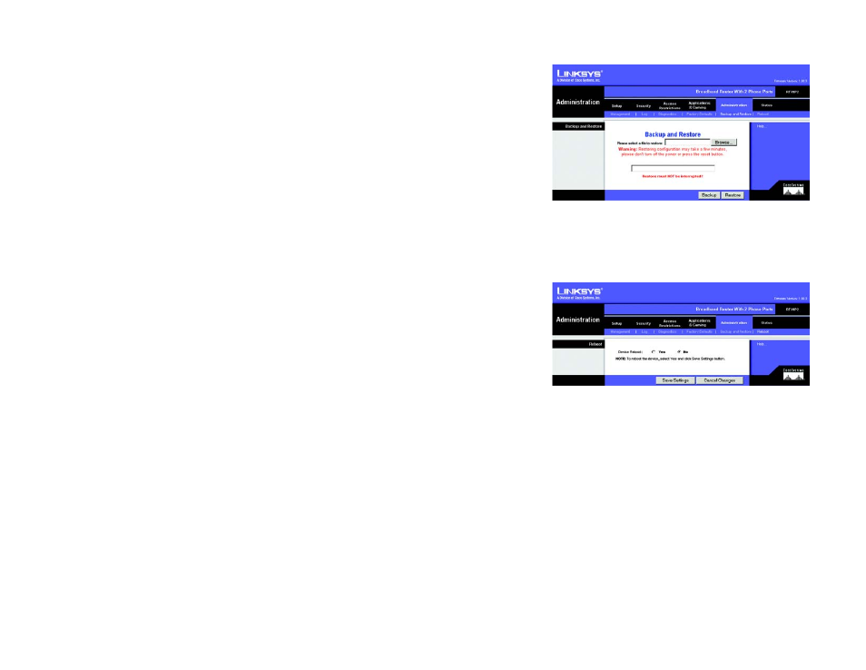 The administration tab - backup and restore, The administration tab - reboot | Linksys RT41P2-AT User Manual | Page 40 / 71