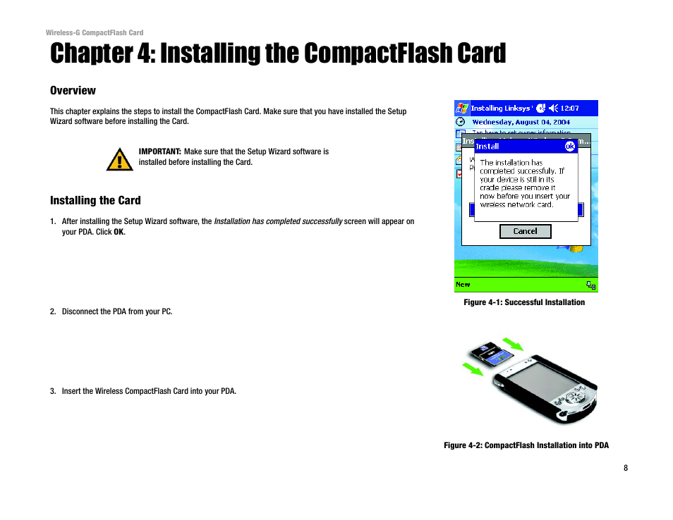 Chapter 4: installing the compactflash card | Linksys WCF54G User Manual | Page 13 / 48