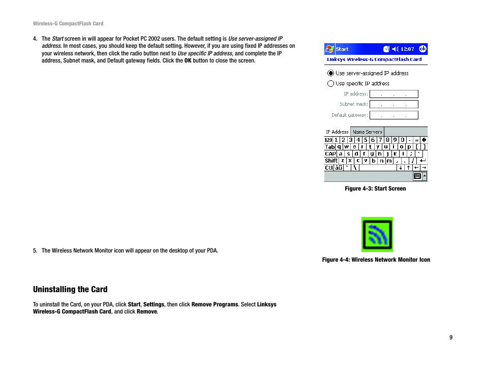 Uninstalling the card | Linksys WCF54G User Manual | Page 14 / 48