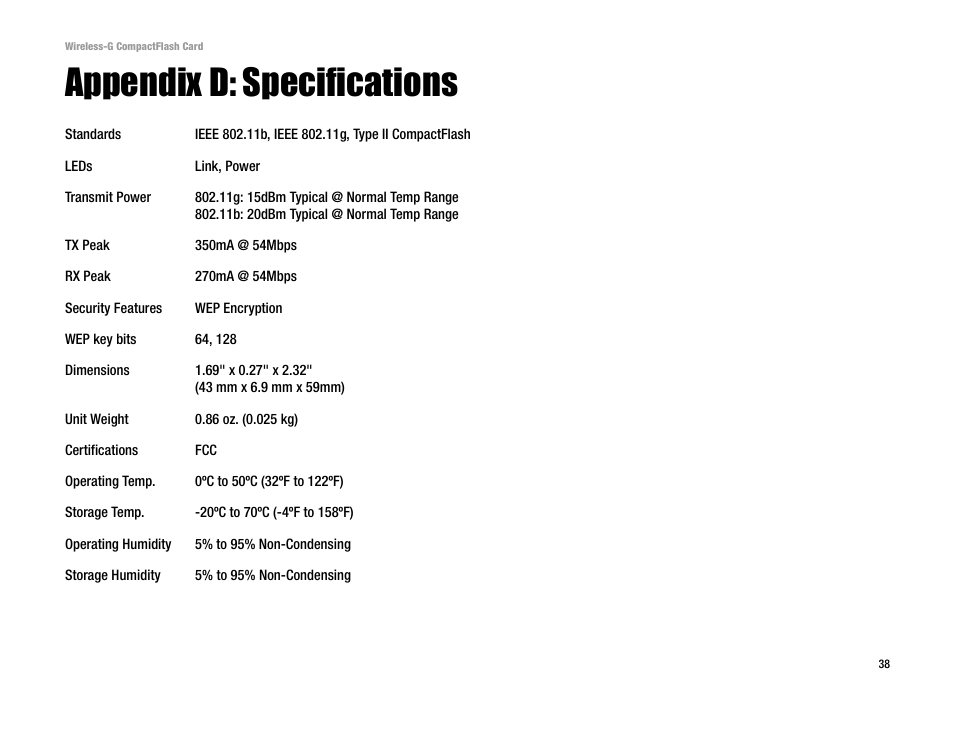 Appendix d: specifications | Linksys WCF54G User Manual | Page 43 / 48