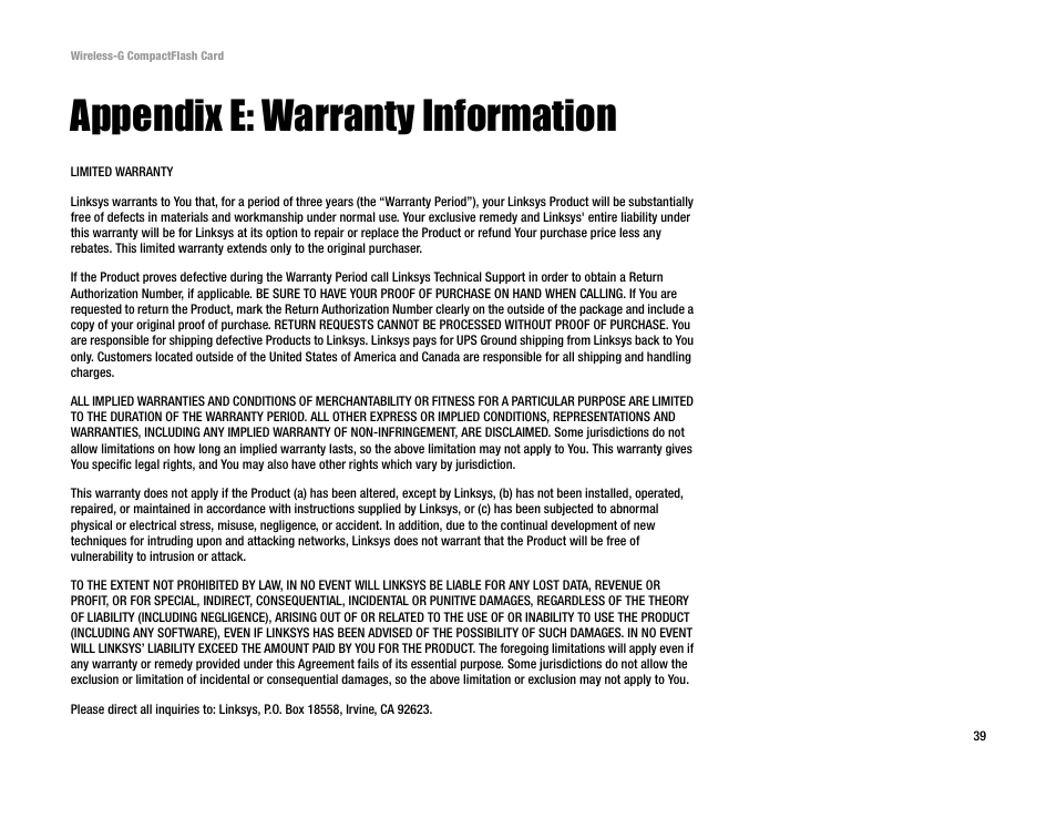 Appendix e: warranty information | Linksys WCF54G User Manual | Page 44 / 48