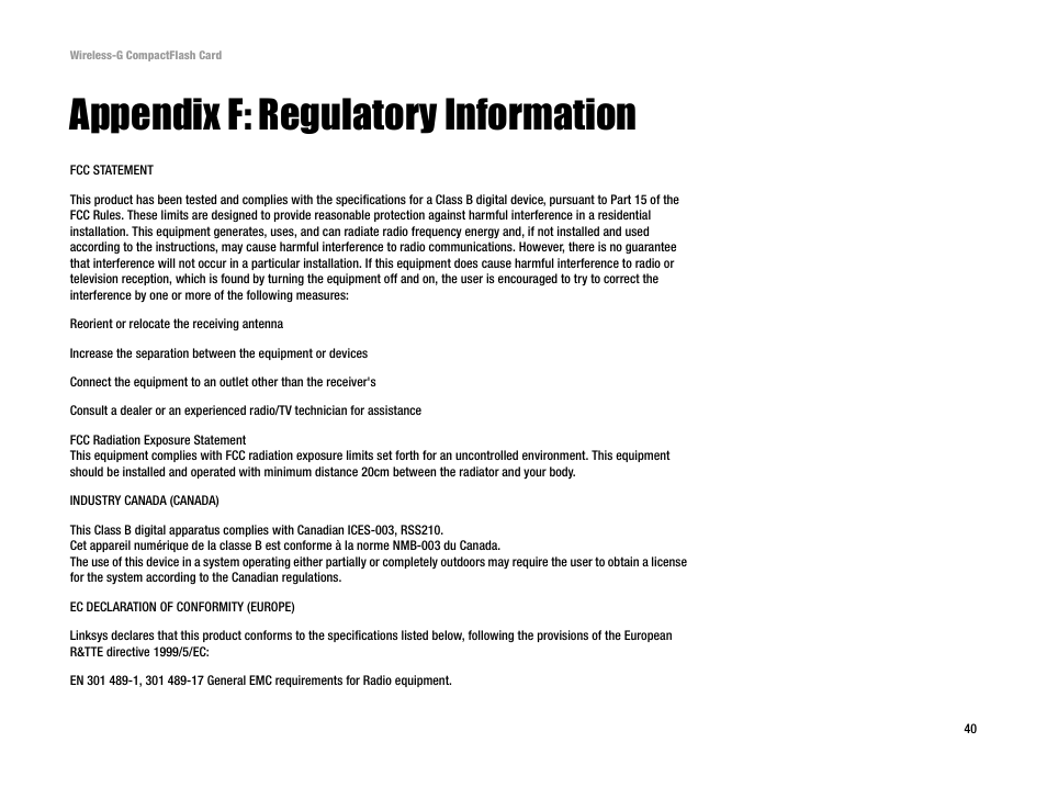 Appendix f: regulatory information | Linksys WCF54G User Manual | Page 45 / 48