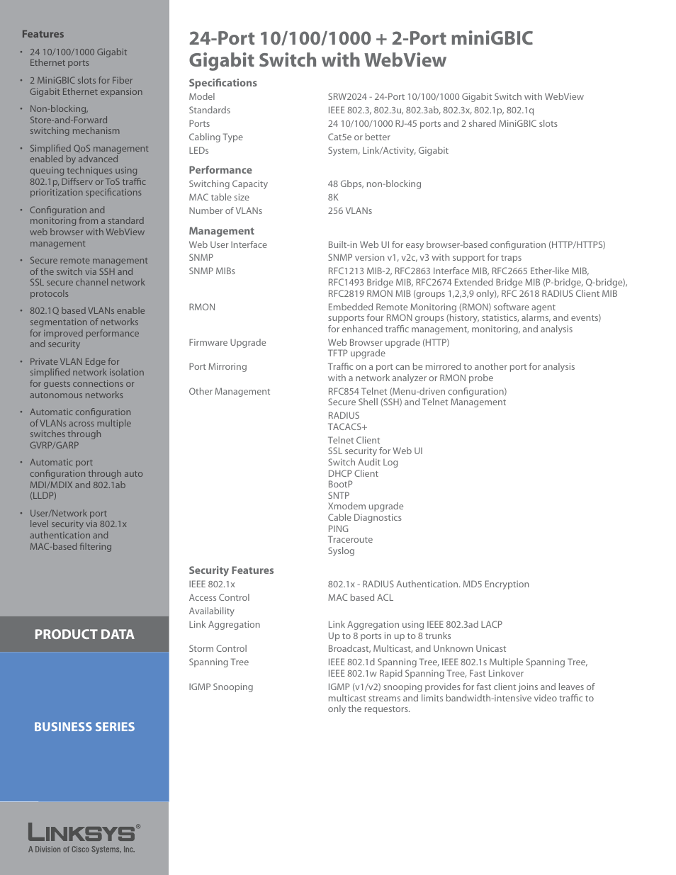 Product data, Business series | Linksys SRW2024 User Manual | Page 2 / 3