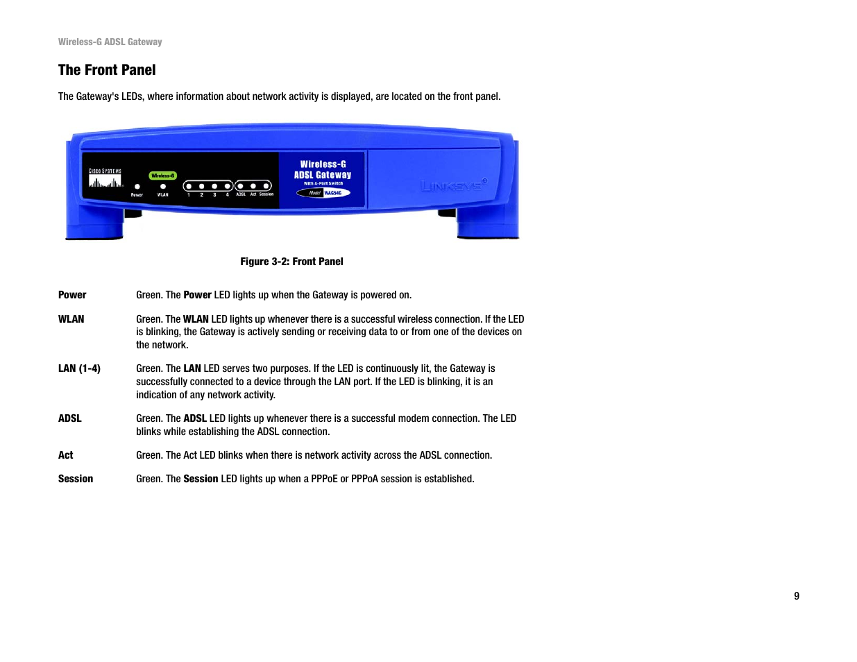 The front panel | Linksys WAG54G User Manual | Page 16 / 95