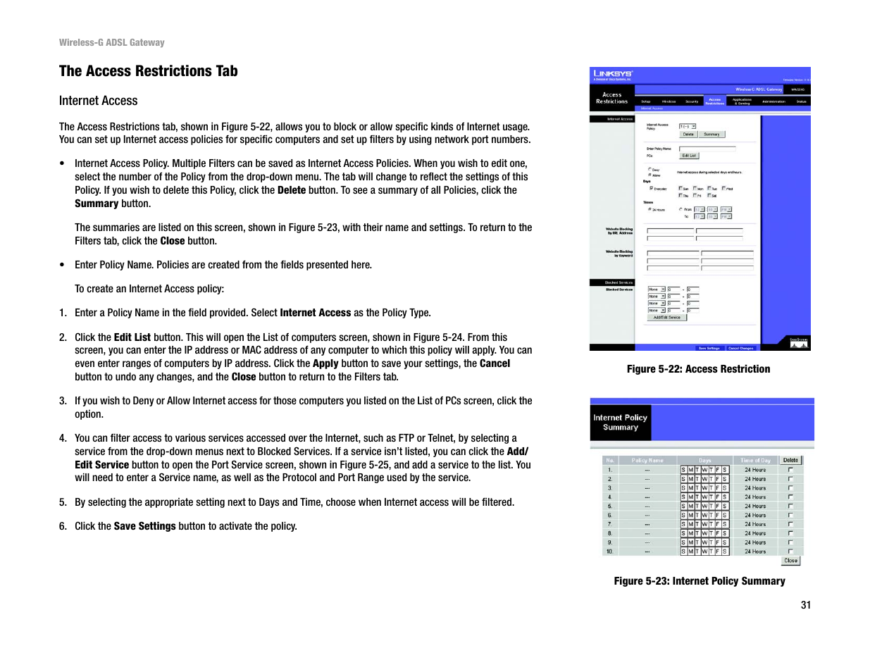 The access restrictions tab | Linksys WAG54G User Manual | Page 38 / 95