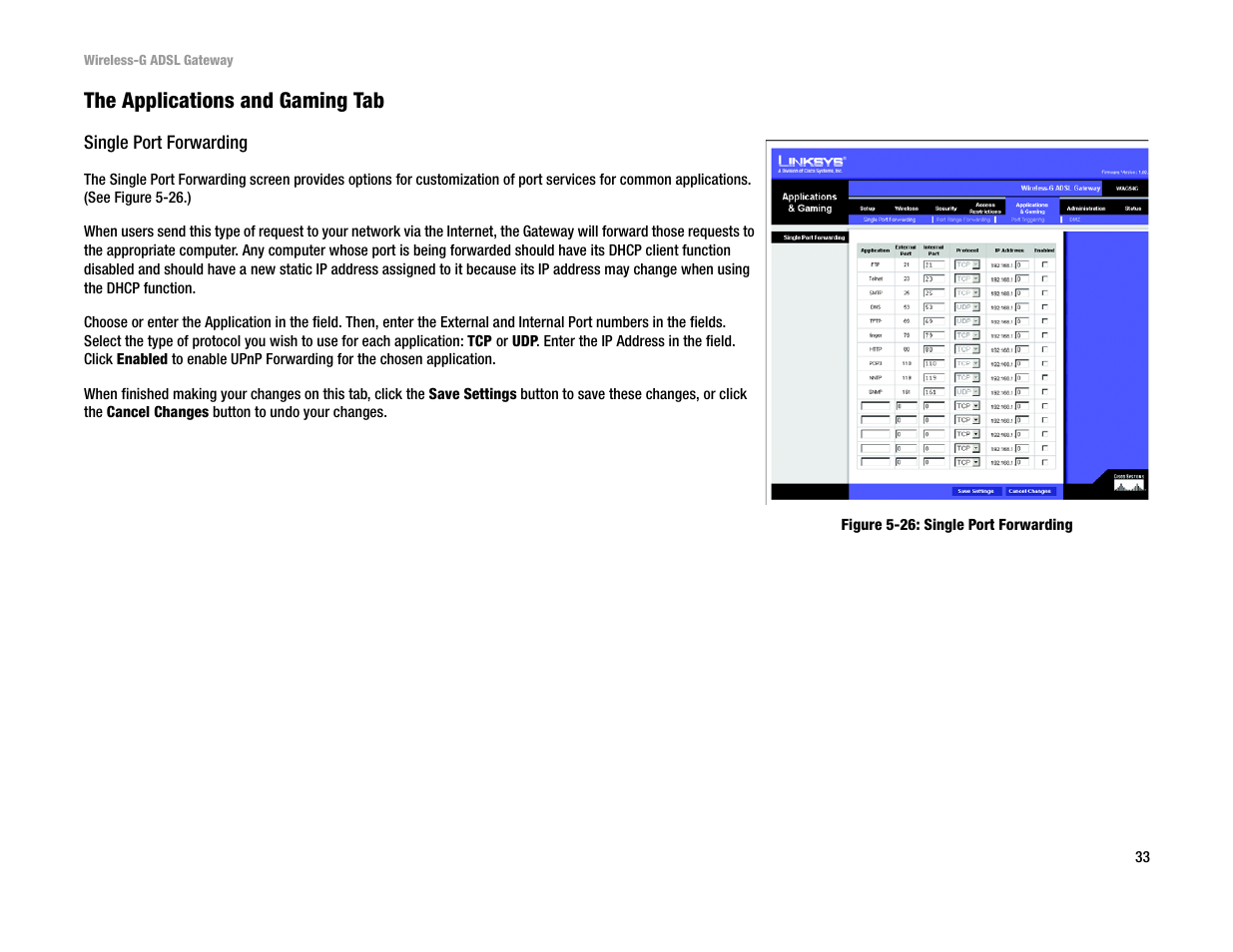 The applications and gaming tab | Linksys WAG54G User Manual | Page 40 / 95