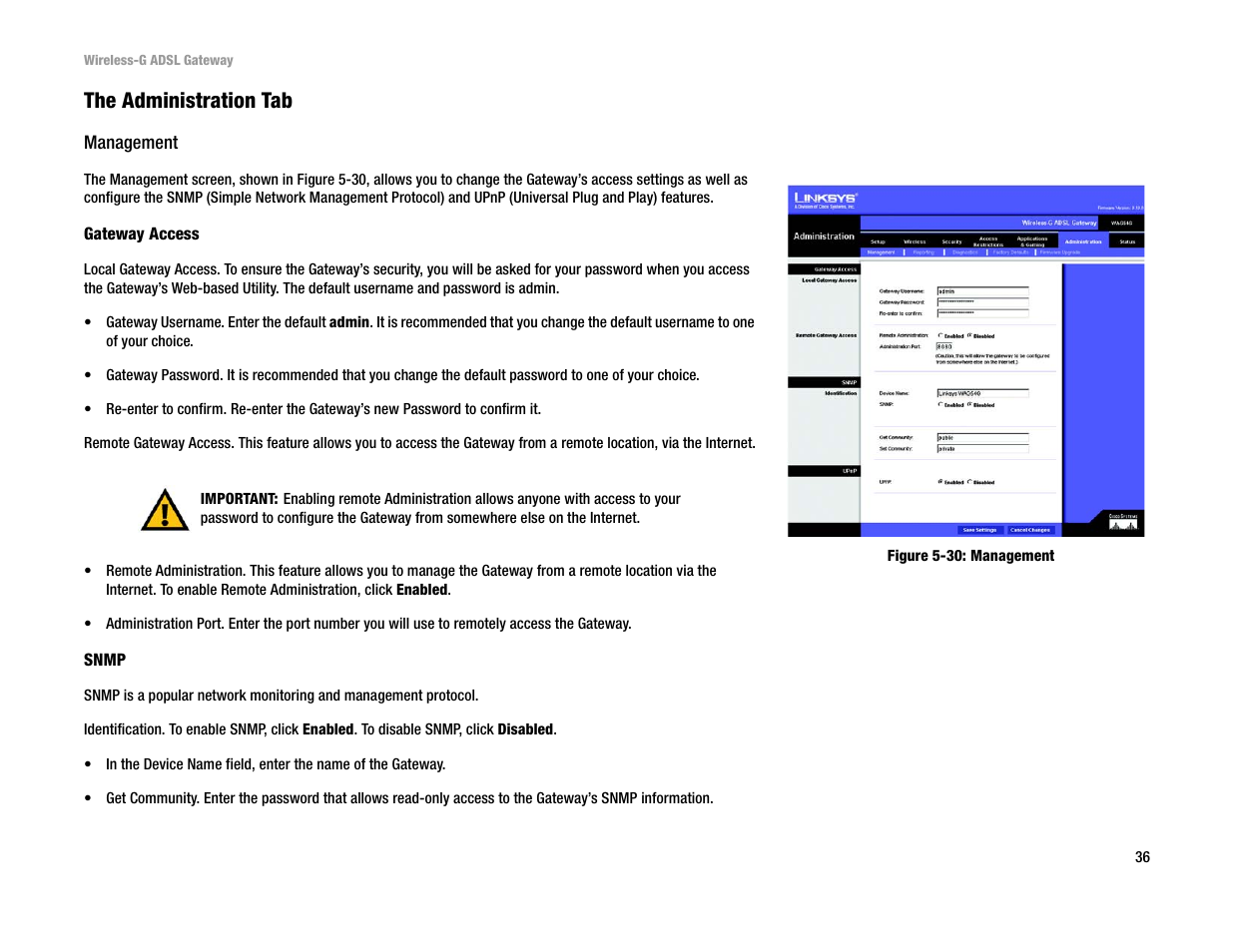 The administration tab | Linksys WAG54G User Manual | Page 43 / 95