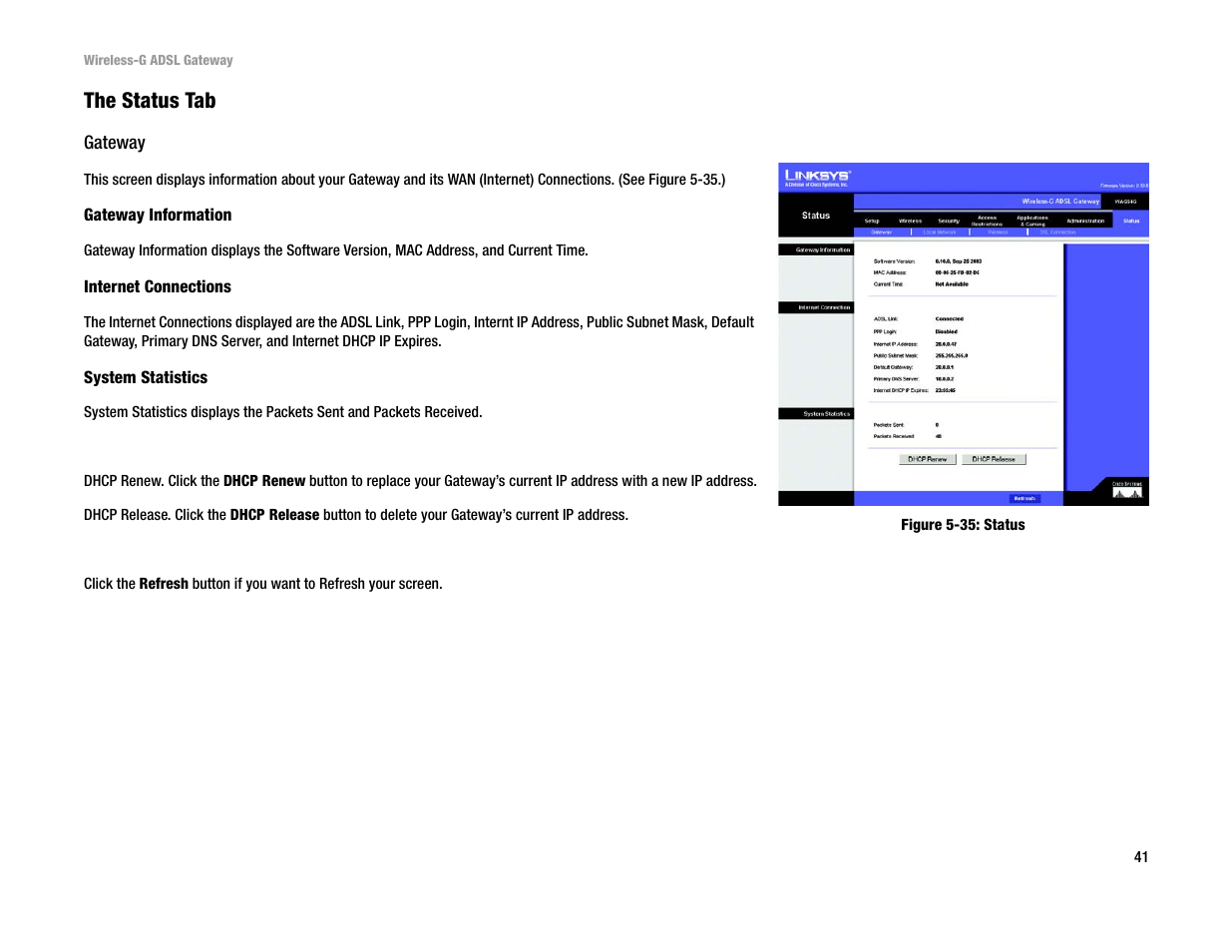 The status tab | Linksys WAG54G User Manual | Page 48 / 95