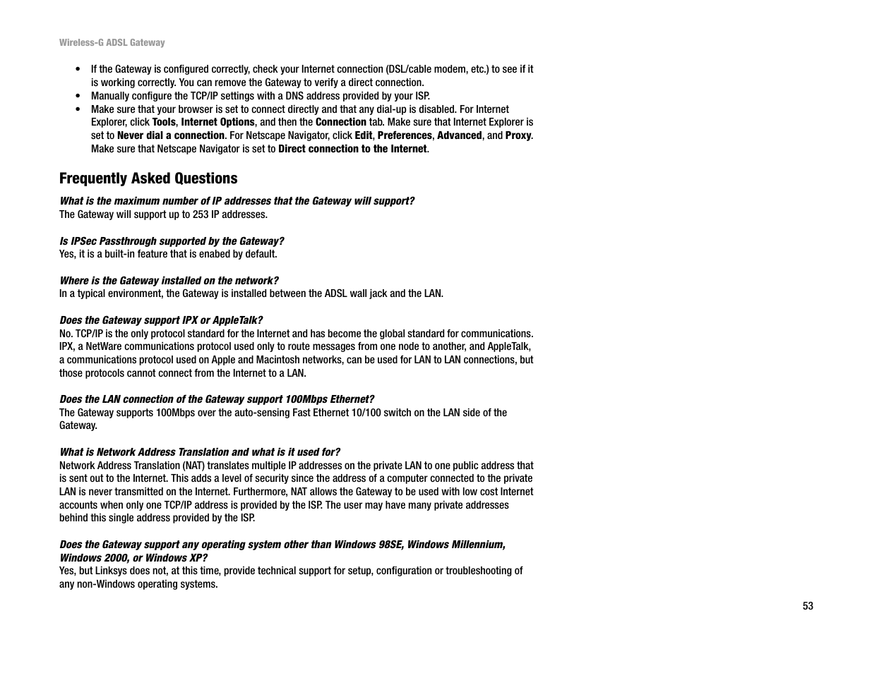 Frequently asked questions | Linksys WAG54G User Manual | Page 60 / 95