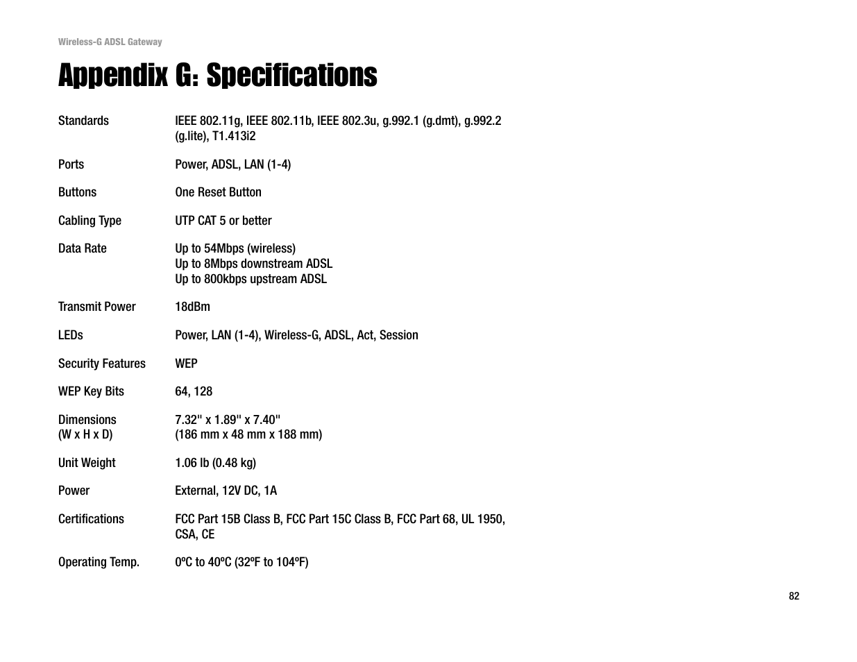 Appendix g: specifications | Linksys WAG54G User Manual | Page 94 / 95