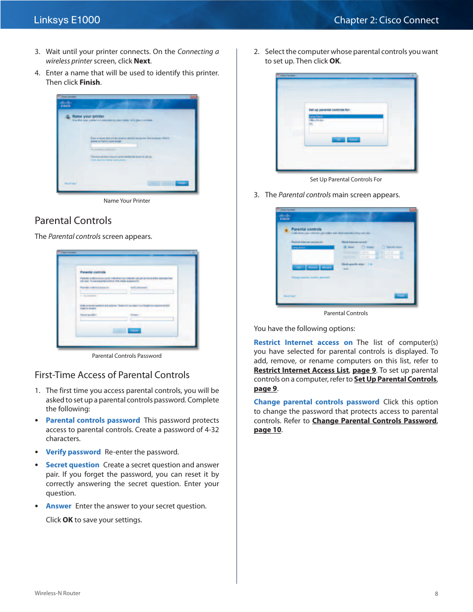 Parental controls, First-time access of parental controls | Linksys E1000 User Manual | Page 11 / 60