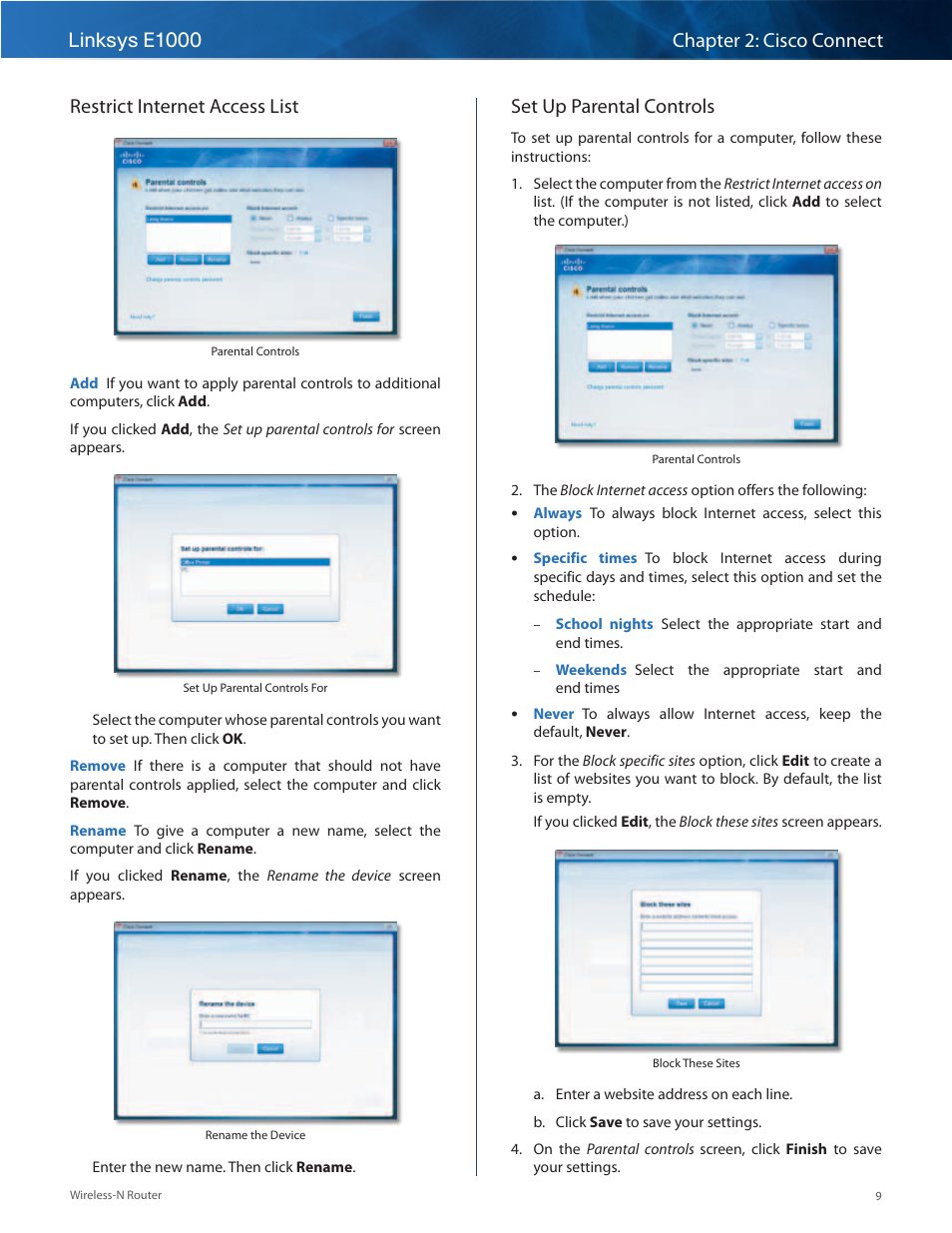 Restrict internet access list, Set up parental controls | Linksys E1000 User Manual | Page 12 / 60