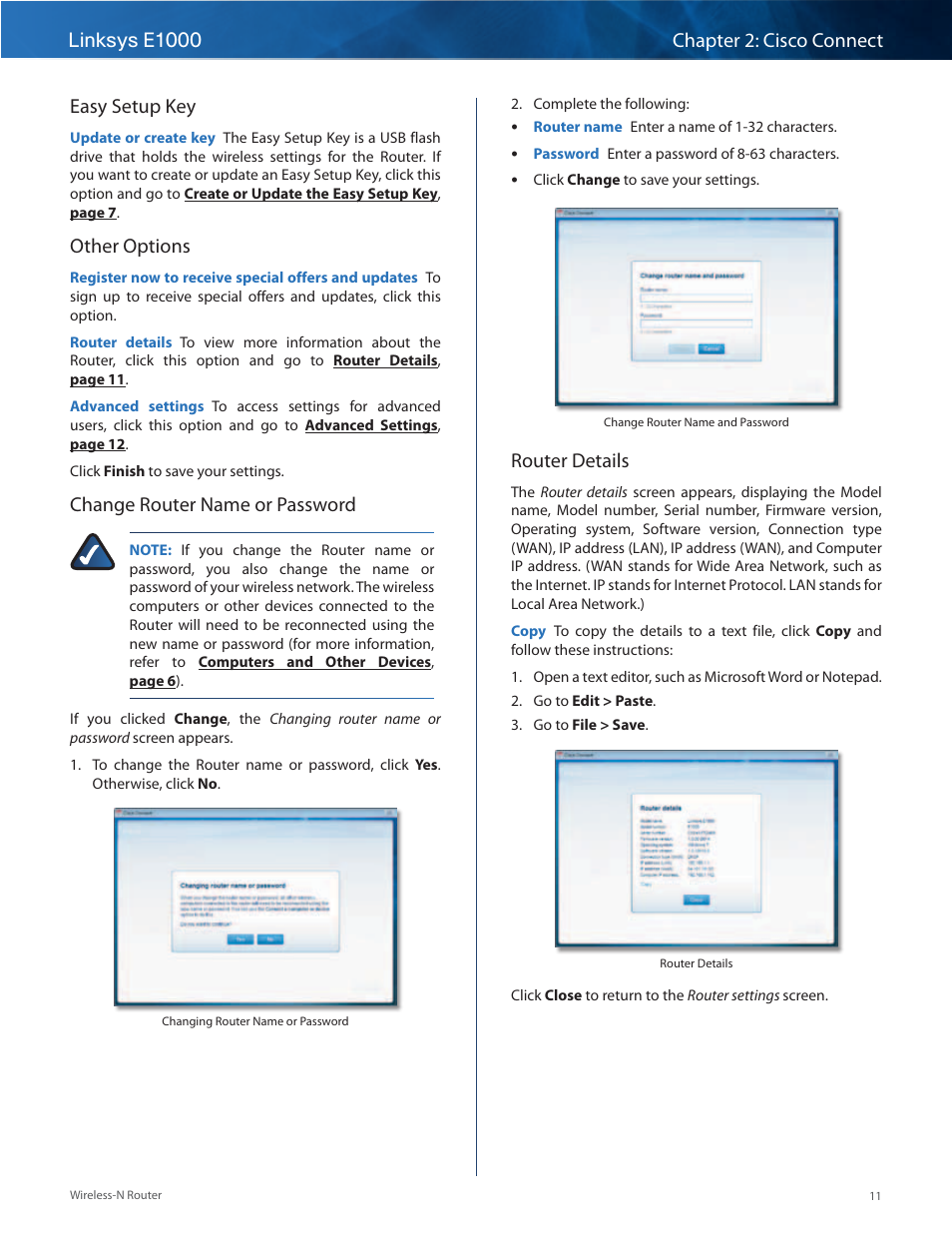 Easy setup key, Other options, Change router name or password | Router details | Linksys E1000 User Manual | Page 14 / 60