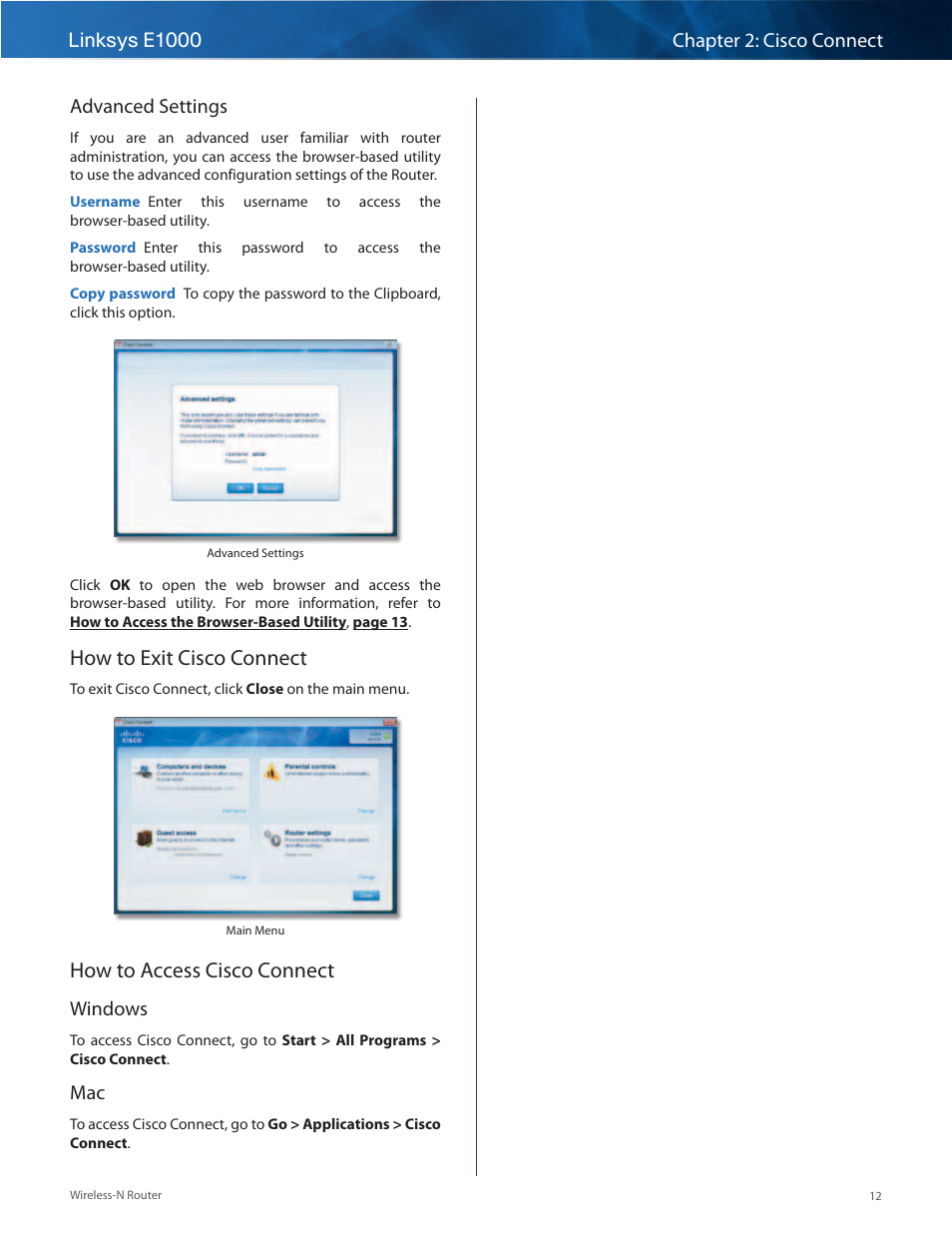 How to exit cisco connect, How to access cisco connect, Advanced settings | Windows | Linksys E1000 User Manual | Page 15 / 60