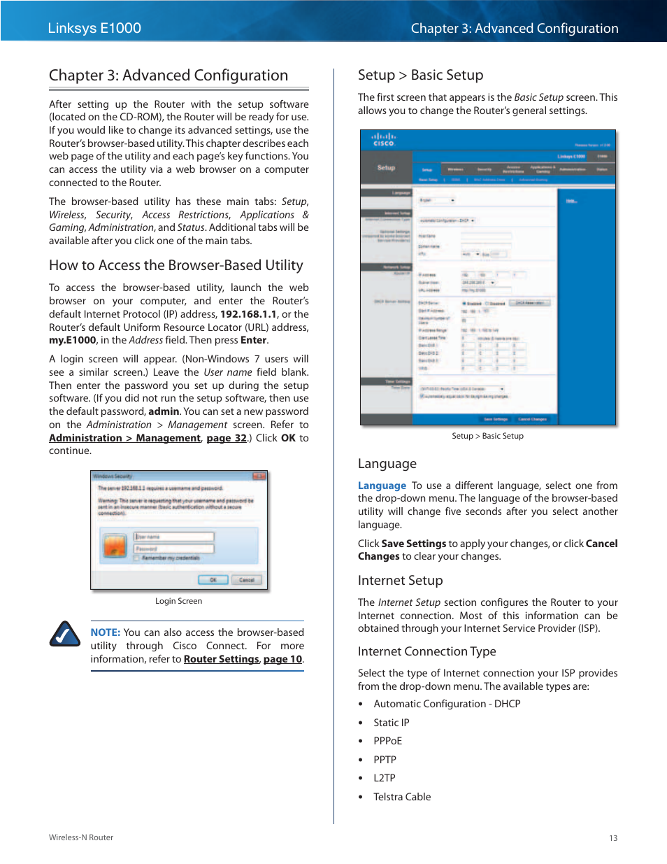 Chapter 3: advanced configuration, How to access the browser-based utility, Setup > basic setup | Language, Internet setup | Linksys E1000 User Manual | Page 16 / 60
