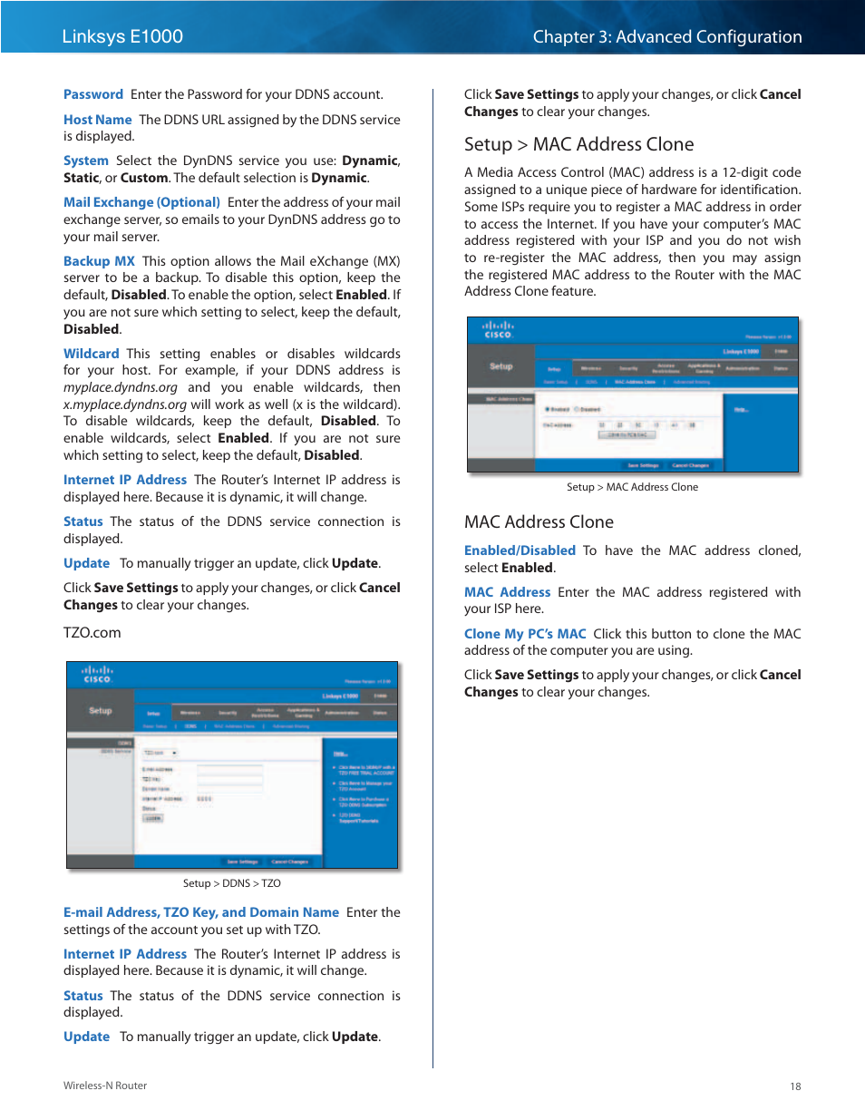 Setup > mac address clone, Mac address clone | Linksys E1000 User Manual | Page 21 / 60