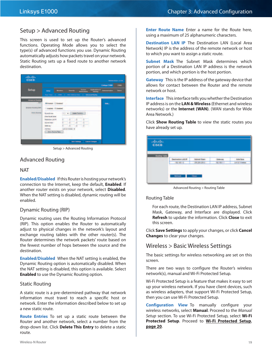 Setup > advanced routing, Wireless > basic wireless settings, Advanced routing | Linksys E1000 User Manual | Page 22 / 60