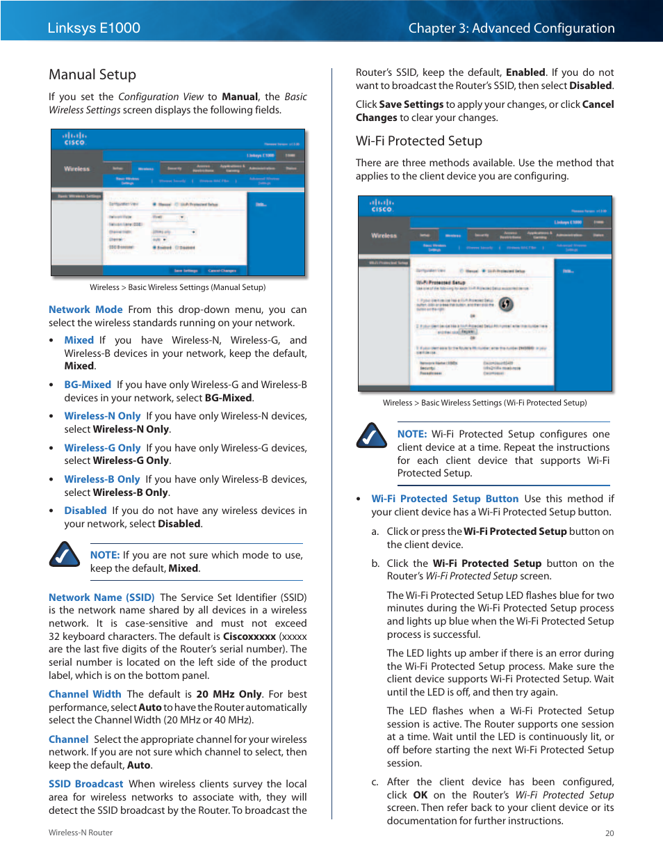 Manual setup, Wi-fi protected setup | Linksys E1000 User Manual | Page 23 / 60