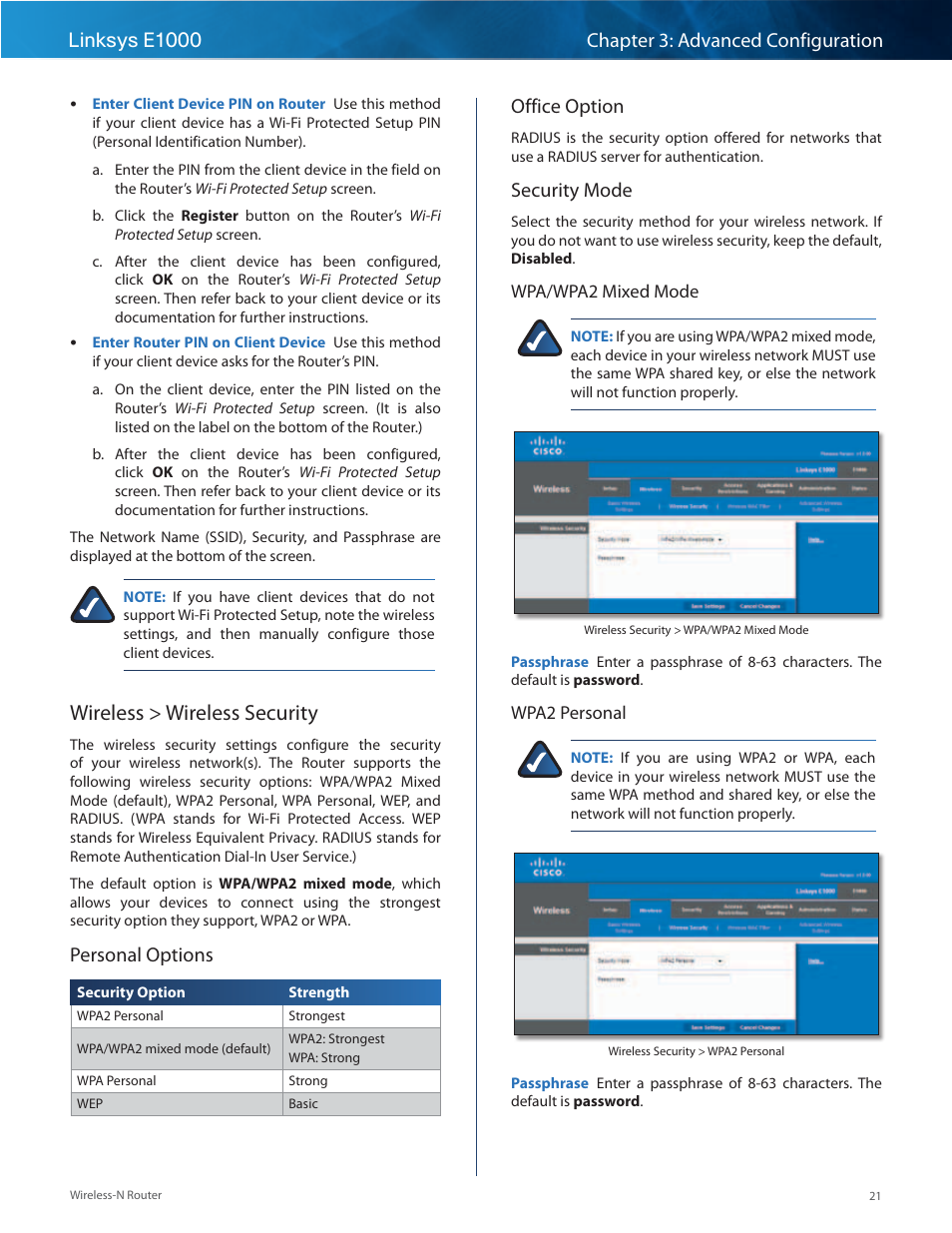 Wireless > wireless security, Personal options, Office option | Security mode | Linksys E1000 User Manual | Page 24 / 60