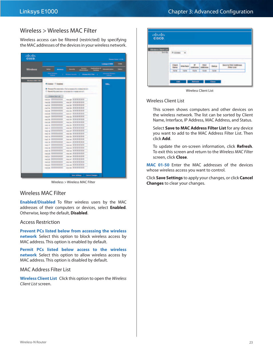 Wireless > wireless mac filter, Wireless mac filter | Linksys E1000 User Manual | Page 26 / 60