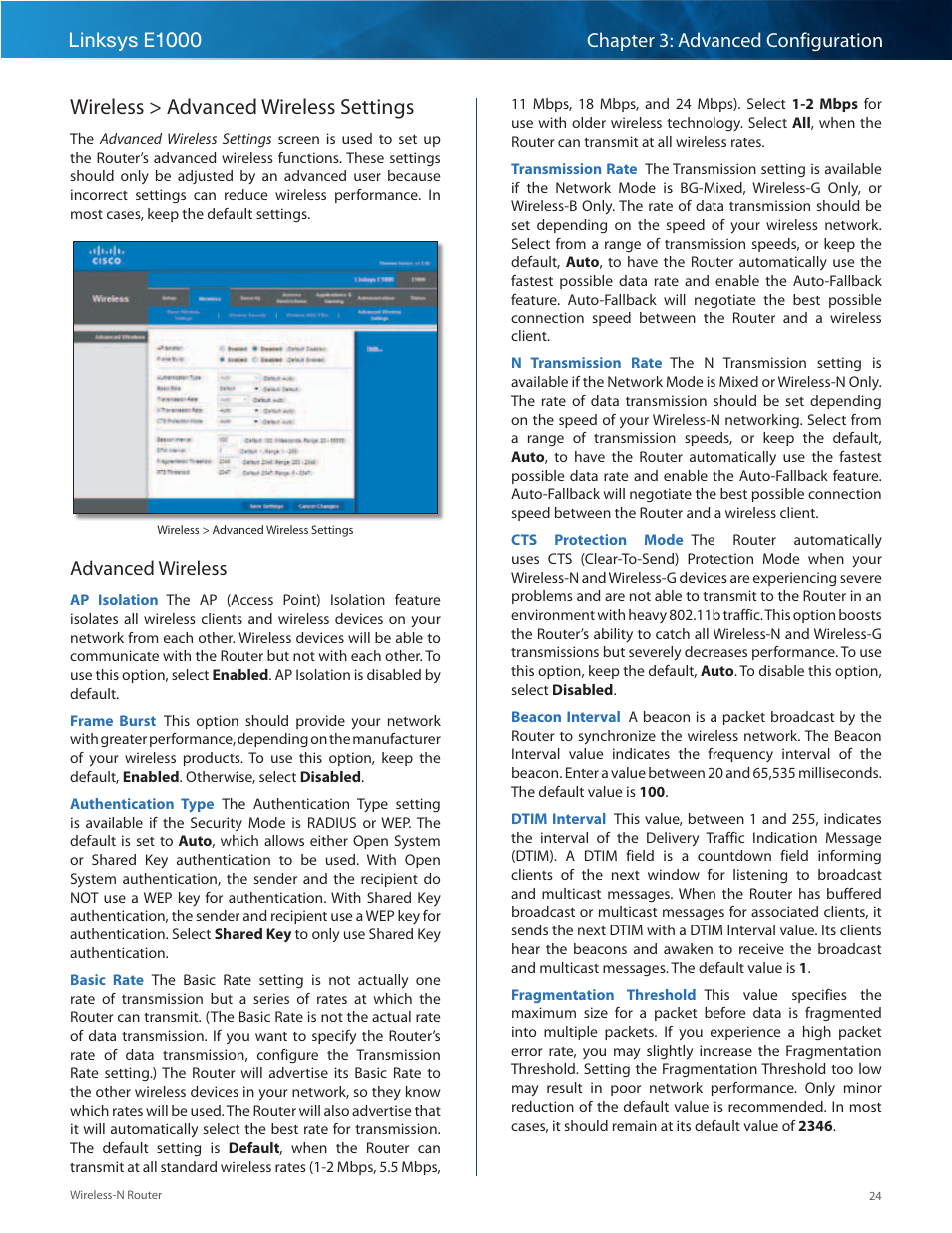 Wireless > advanced wireless settings, Advanced wireless | Linksys E1000 User Manual | Page 27 / 60