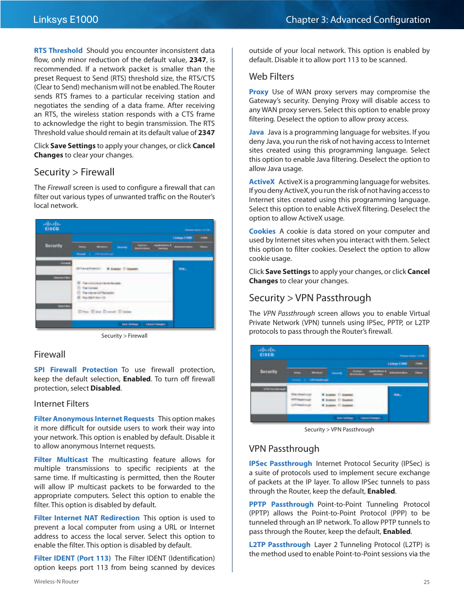 Security > firewall, Security > vpn passthrough, Security > firewall security > vpn passthrough | Firewall, Web filters, Vpn passthrough | Linksys E1000 User Manual | Page 28 / 60