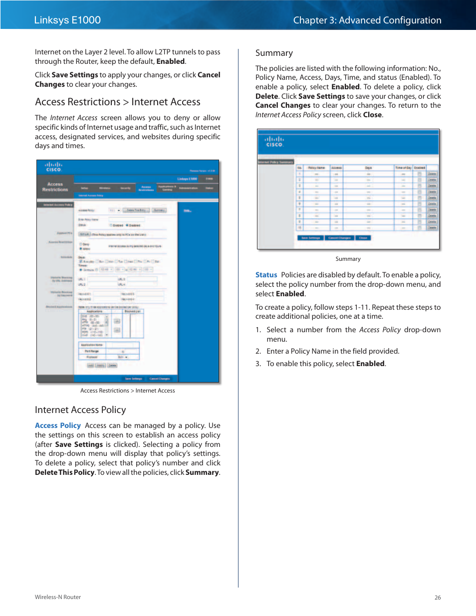 Access restrictions > internet access, Internet access policy | Linksys E1000 User Manual | Page 29 / 60