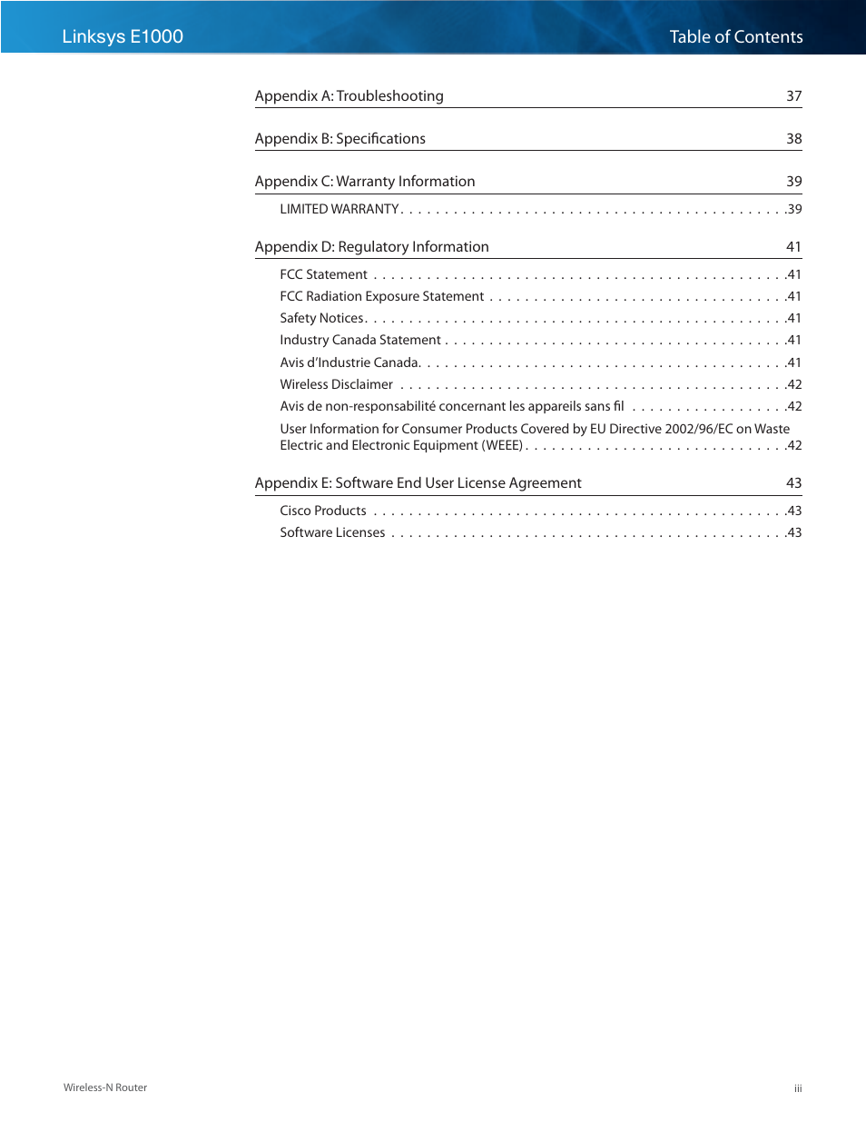 Linksys e1000 table of contents | Linksys E1000 User Manual | Page 3 / 60