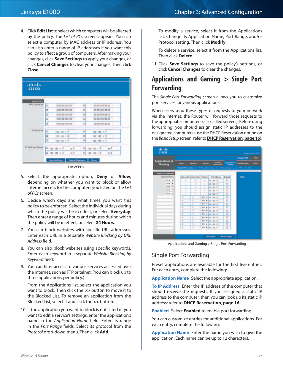 Applications and gaming > single port forwarding, Single port forwarding | Linksys E1000 User Manual | Page 30 / 60