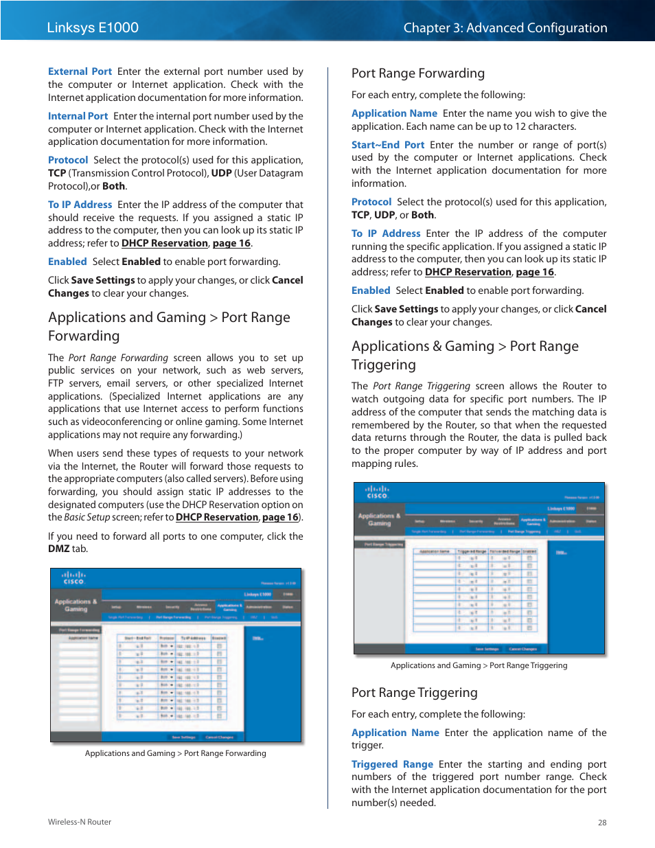 Applications and gaming > port range forwarding, Applications & gaming > port range triggering, Port range forwarding | Port range triggering | Linksys E1000 User Manual | Page 31 / 60
