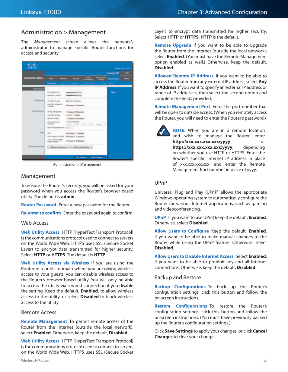 Administration > management, Management | Linksys E1000 User Manual | Page 35 / 60