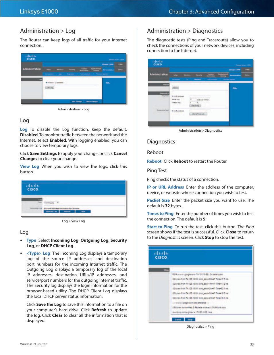 Administration > log, Administration > diagnostics, Administration > log administration > diagnostics | Diagnostics | Linksys E1000 User Manual | Page 36 / 60
