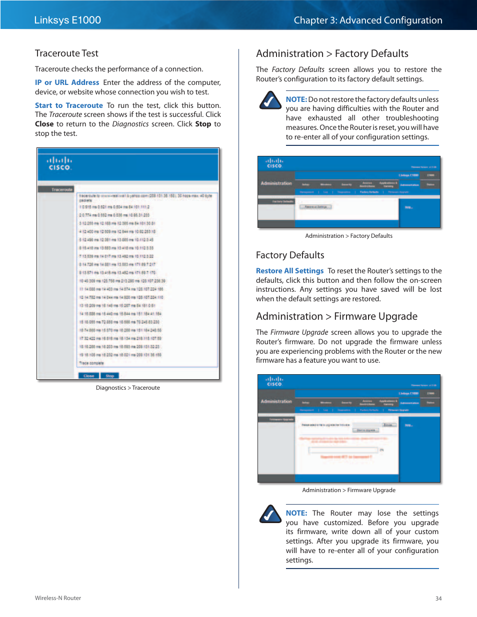 Administration > factory defaults, Administration > firmware upgrade, Factory defaults | Linksys E1000 User Manual | Page 37 / 60