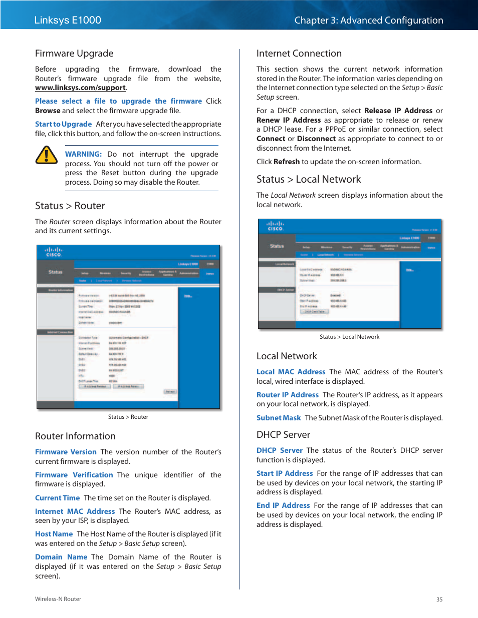 Status > router, Status > local network, Status > router status > local network | Router information, Internet connection, Local network, Dhcp server | Linksys E1000 User Manual | Page 38 / 60