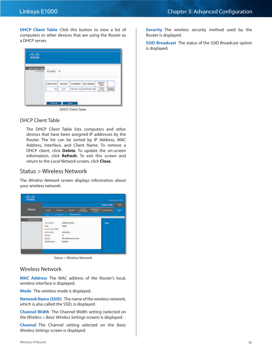 Status > wireless network, Wireless network | Linksys E1000 User Manual | Page 39 / 60