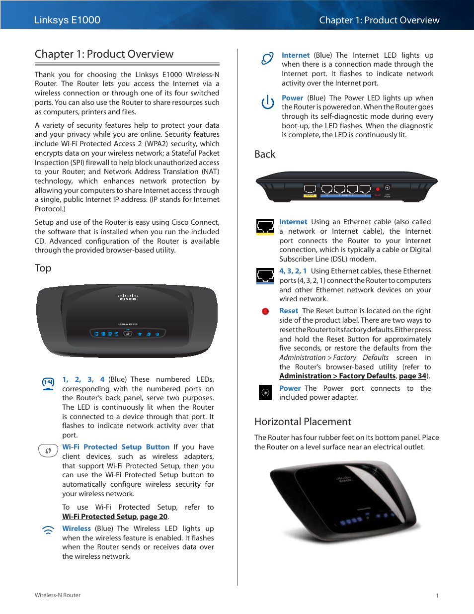 Chapter 1: product overview, Back, Horizontal placement | Top back horizontal placement | Linksys E1000 User Manual | Page 4 / 60