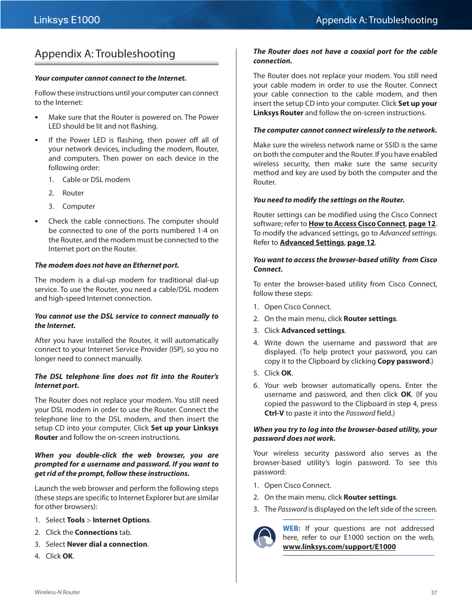 Appendix a: troubleshooting, Linksys e1000 appendix a: troubleshooting | Linksys E1000 User Manual | Page 40 / 60