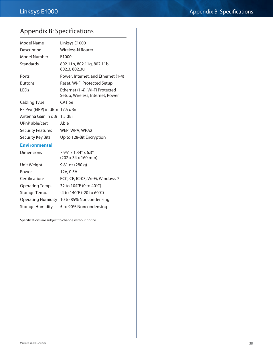 Appendix b: specifications, Linksys e1000 appendix b: specifications | Linksys E1000 User Manual | Page 41 / 60