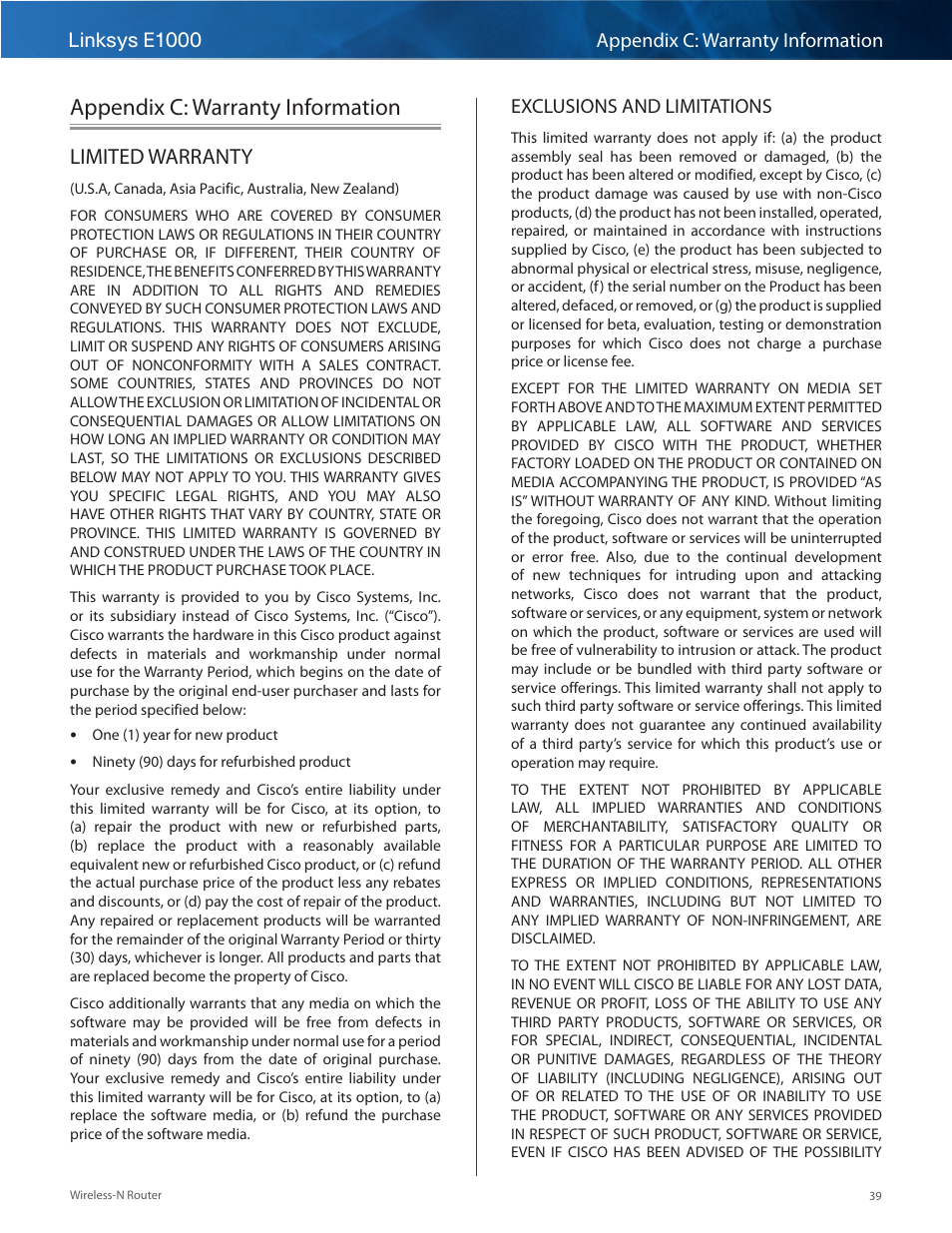 Appendix c: warranty information, Limited warranty, Linksys e1000 appendix c: warranty information | Exclusions and limitations | Linksys E1000 User Manual | Page 42 / 60