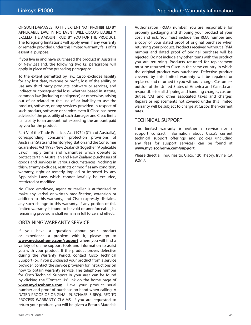 Linksys e1000 appendix c: warranty information, Obtaining warranty service, Technical support | Linksys E1000 User Manual | Page 43 / 60