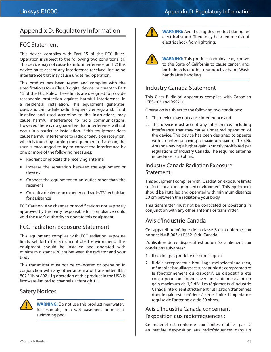 Appendix d: regulatory information, Fcc statement, Fcc radiation exposure statement | Safety notices, Industry canada statement, Avis d’industrie canada, Linksys e1000 appendix d: regulatory information, Industry canada radiation exposure statement | Linksys E1000 User Manual | Page 44 / 60